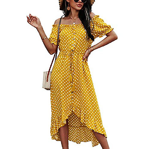 

shibever women off shoulder dress summer polka dot chiffon ruffle hem split maxi dress with button high waist dresses yellow l