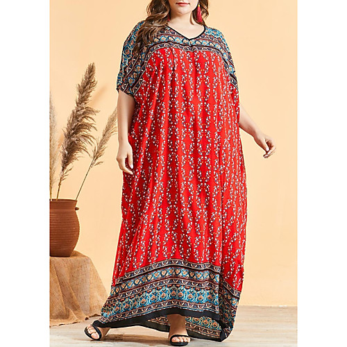 

Women's Kaftan Dress Maxi long Dress Red Half Sleeve Solid Color Patchwork Print Summer Round Neck Casual 2021 One-Size