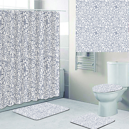 

Fresh Pattern Printed Bathtub Curtain liner Covered with Waterproof Fabric shower Curtain for Bathroom home Decoration with hook floor mat and four-piece Toilet mat