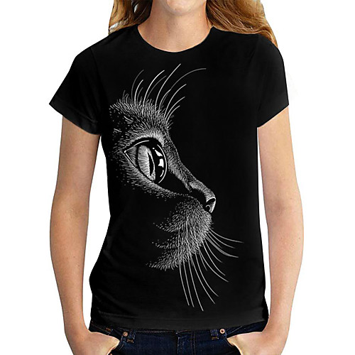 

Women's T shirt Cat Graphic Print Round Neck Tops Basic Basic Top Black