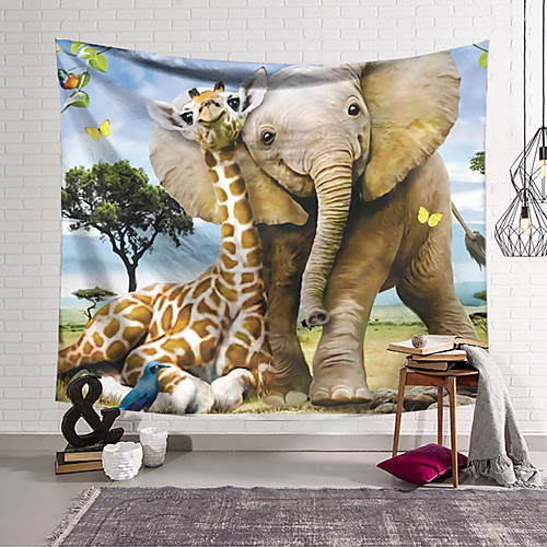 

Wall Tapestry Art Decor Blanket Curtain Hanging Home Bedroom Living Room Decoration Polyester Elephants and Giraffes Snuggle Each Other