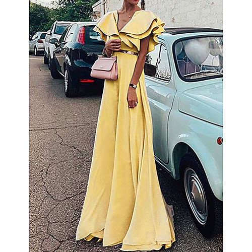 

Women's Swing Dress Maxi long Dress Yellow Blushing Pink Light Blue Short Sleeve Solid Color Layered Ruffle Spring Summer V Neck Casual 2021 S M L XL XXL