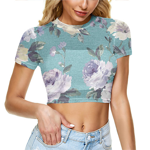 

Women's Crop Tshirt Floral Graphic Mesh Print Round Neck Tops Basic Basic Top White Blue Green