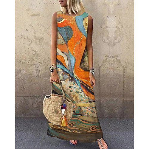 

Women's Shift Dress Maxi long Dress Orange Sleeveless Print Color Block Print Spring Summer Round Neck Casual 2021 S M L XL XXL 3XL