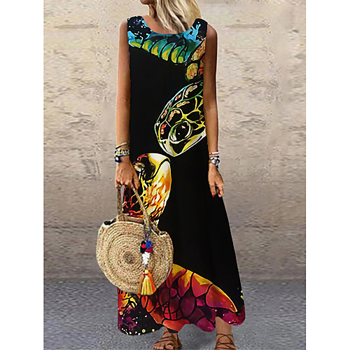 

Women's Shift Dress Maxi long Dress Black Sleeveless Print Animal Print Spring Summer Round Neck Casual 2021 S M L XL XXL 3XL