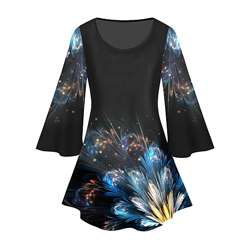 

Women's Plus Size Print Floral Graphic Tunic Large Size Crewneck 3/4 Length Sleeve Basic Tops XL XXL 3XL Black Big Size