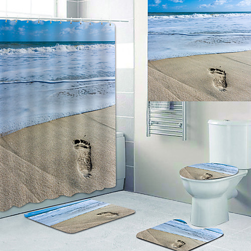

Beach Footprint Printed Bathtub Curtain liner Covered with Waterproof Fabric shower Curtain for Bathroom home Decoration with hook floor mat and four-piece Toilet mat