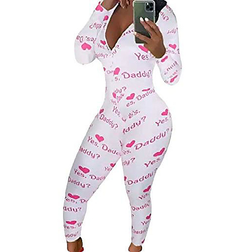 

seyurigaoka women's sexy deep v neck jumpsuit long sleeve one piece bodycon leotard romper bodysuit pajama overall(white letter,xxl)