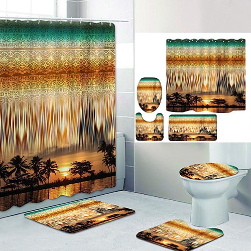 

Sunset Digital Printing Four-piece Set Shower Curtains and Hooks Modern Polyester Machine Made Waterproof Bathroom