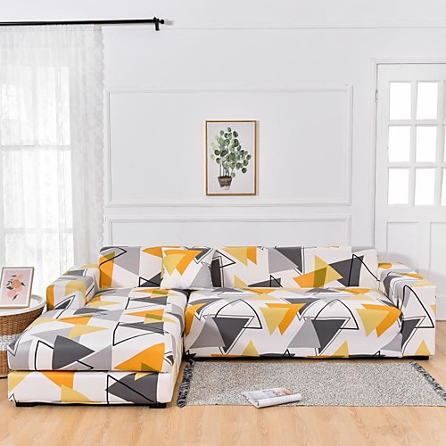 

Yellow Triangle Print Dustproof All-powerful Stretch L Shape Sofa Cover Super Soft Fabric Sofa Furniture Protector with One Free Boster Case