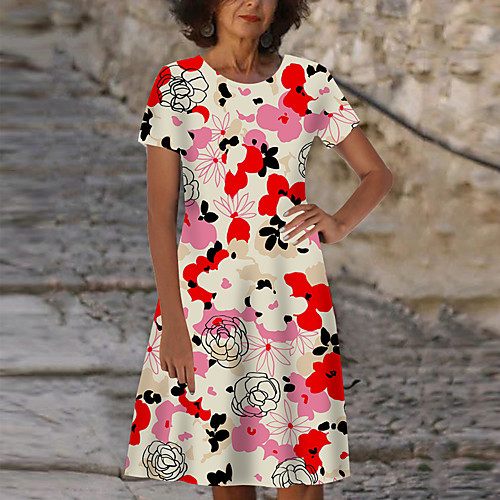 

Women's Shift Dress Knee Length Dress Red Short Sleeve Floral Print Print Spring Summer Round Neck Casual 2021 S M L XL XXL 3XL