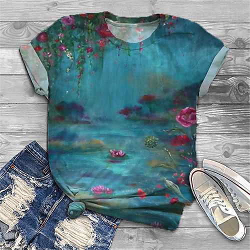 

Women's Plus Size Print Graphic Scenery T shirt Large Size Crewneck Short Sleeve Basic Tops XL XXL 3XL Blue Big Size