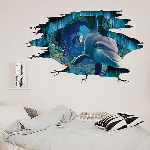 

3D Broken Wall Dolphin Undersea World Children's Room Home Background Decoration Can Be Removed