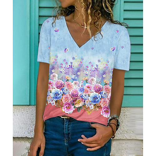 

Women's T shirt Floral Graphic Print V Neck Tops Basic Basic Top Blue