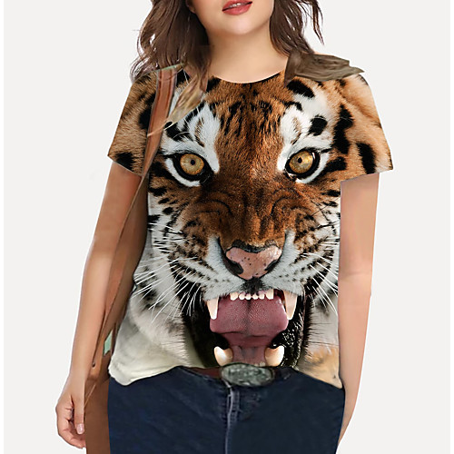 

Women's Plus Size Print Graphic Tiger Animal T shirt Large Size Crewneck Short Sleeve Basic Tops XL XXL 3XL Yellow Big Size