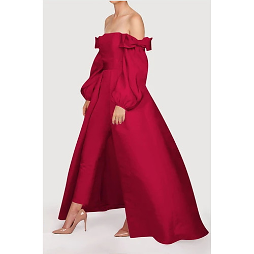 

Jumpsuits Minimalist Elegant Wedding Guest Formal Evening Dress Off Shoulder Long Sleeve Detachable Satin with Sleek Bow(s) 2021