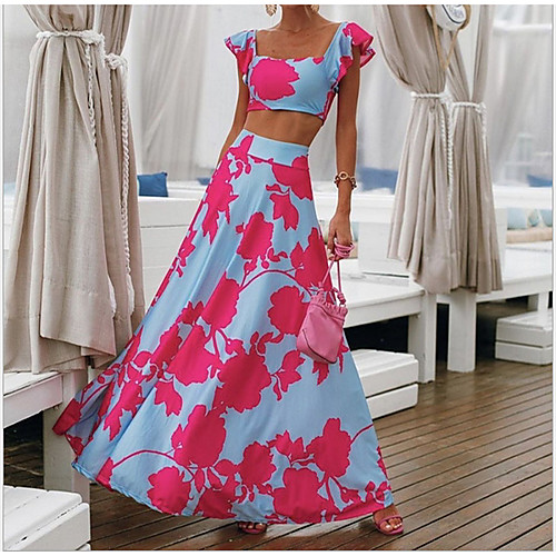 

Women's Two Piece Dress Maxi long Dress Blue Sleeveless Floral Print Fall Summer Square Neck Elegant Casual 2021 S M L XL XXL