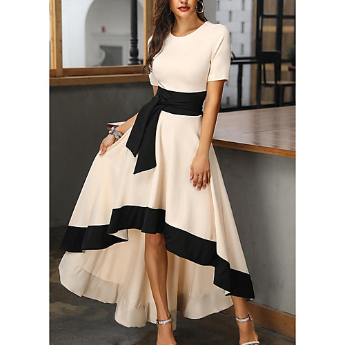 

Women's Swing Dress Maxi long Dress Beige Gray Short Sleeve Print Color Block Print Fall Summer Round Neck Casual 2021 S M L XL XXL