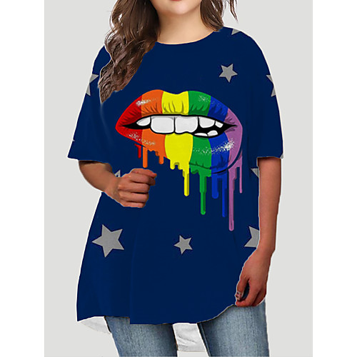 

Women's Plus Size Dresses T Shirt Dress Tee Dress Short Mini Dress Half Sleeve Graphic Stars Mouth Print Basic Fall Blue XL XXL 3XL 4XL 5XL / Holiday