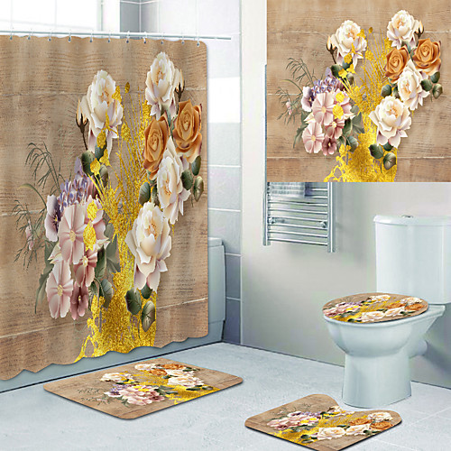 

Beautiful Flowers Printed Bathtub Curtain Liner Covered with Waterproof Fabric shower Curtain for Bathroom home Decoration with hook floor mat and four-piece Toilet mat