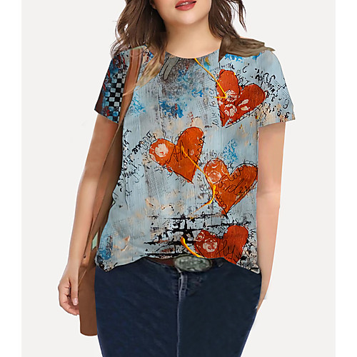 

Women's Plus Size Print Graphic Heart T shirt Large Size Crewneck Short Sleeve Basic Tops XL XXL 3XL Blue Big Size