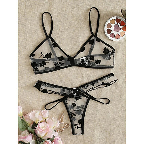 

Women's Lace Suits Nightwear Floral Bra Black One-Size / Strap