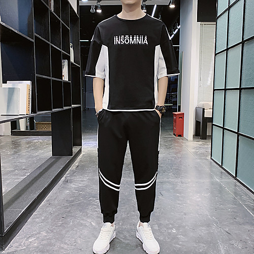 

Men's 2 Piece Color Block Crew Neck Cotton Letter & Number Sport Athleisure Clothing Suit Short Sleeves Breathable Soft Comfortable Everyday Use Street Casual