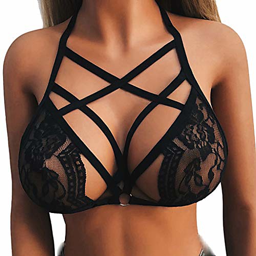 

women's sexy lace lingerie cage bra strappy bandage hollow out bra croset harness bralette (xl, black)