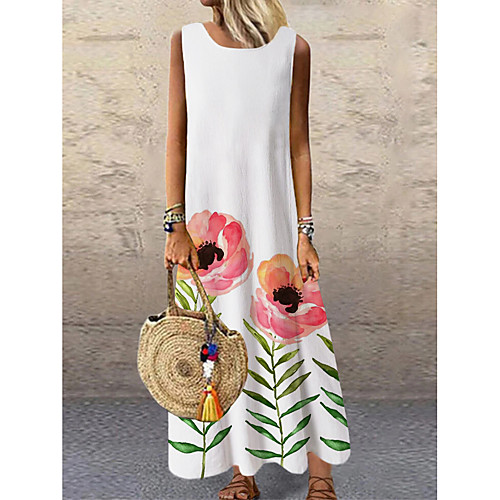 

Women's Shift Dress Maxi long Dress White Sleeveless Floral Print Print Spring Summer Round Neck Casual 2021 S M L XL XXL 3XL