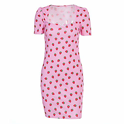 

women sexy floral dress sweet strawberry print short sleeve square neck slim cute dresses (pink, s)