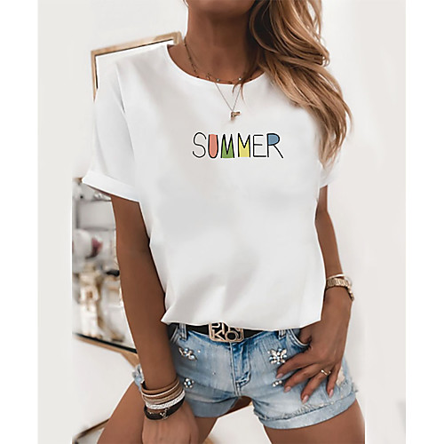 

Women's T shirt Text Print Round Neck Tops 100% Cotton Basic Basic Top White