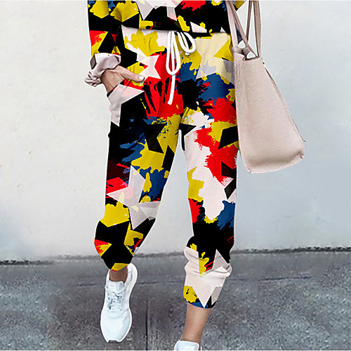 

Women's Basic Soft Comfort Daily Home Jogger Pants Color Block Abstract Full Length Elastic Drawstring Design Print White Blue Red Yellow Gray