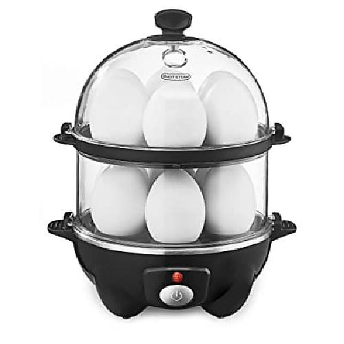 

bella double layer egg cooker, pan, quick maker & poacher, meal preparation for the week, family dishes: up to 12 large boiled eggs, dishwasher safe, poaching and omelette trays included, one, black