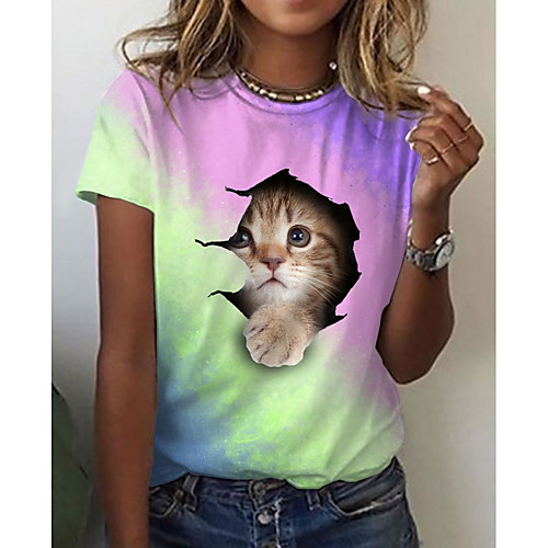 

Women's T shirt Cat Graphic 3D Print Round Neck Tops Basic Basic Top Blue Purple Blushing Pink