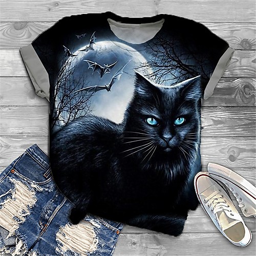 

Women's Plus Size Print Cat Graphic Animal T shirt Large Size Crewneck Short Sleeve Basic Tops XL XXL 3XL Black Big Size