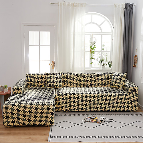 

Yellow Houndstooth Swallow Gird Dustproof All-powerful Stretch L Shape Sofa Cover Super Soft Fabric Sofa Furniture Protector with One Free Boster Case