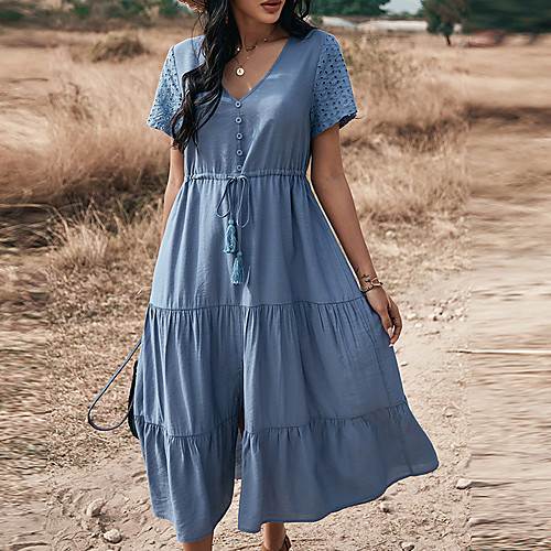 

amazon quality european and american v-neck solid color holiday leisure multi-color waist belted dress pb1a110d