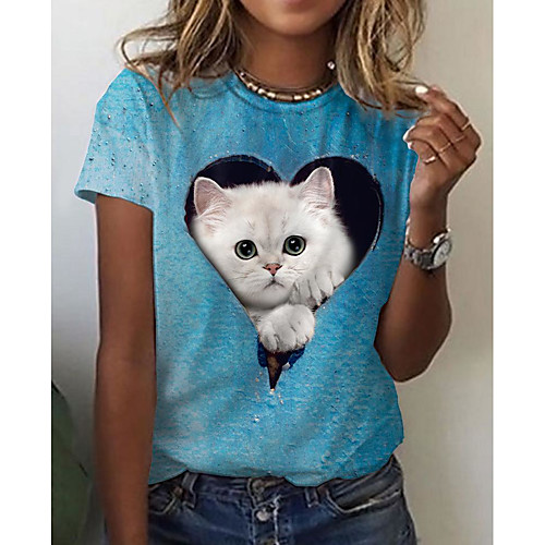 

Women's T shirt Cat Heart 3D Print Round Neck Tops Basic Basic Top Blue