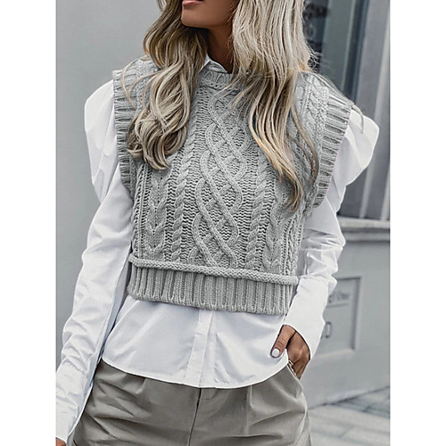 

Women's Knitted Solid Color Vest Short Sleeves Sweater Cardigans Crew Neck Fall Spring Purple Yellow Blushing Pink