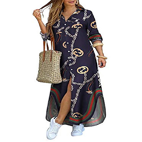 

kuraki women's baroque print button front chain maxi shirt dress xl navy