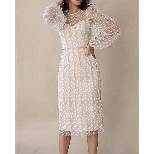 

Women's Sheath Dress Knee Length Dress White Long Sleeve Solid Color Embroidered Fall Summer Round Neck Elegant Casual 2021 S M L XL
