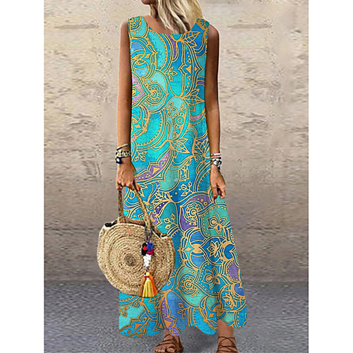 

Women's Shift Dress Maxi long Dress Light Blue Sleeveless Floral Print Print Spring Summer Round Neck Casual 2021 S M L XL XXL 3XL