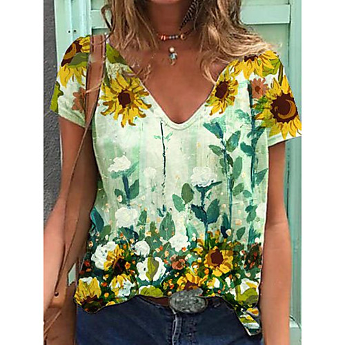 

Women's T shirt Floral Print V Neck Tops Cotton Basic Basic Top Green