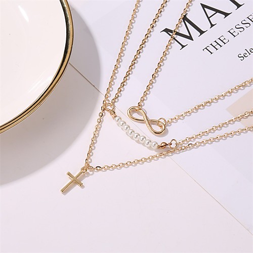 

women's 8 word pearl multi-layer pendant necklace cross clavicle chain jewelry