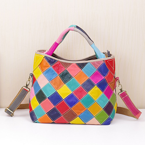 

guangzhou wholesale leather cowhide handbags colorful plaid hit color fashion bucket-type women's portable messenger bag