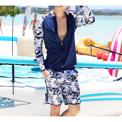 

Men's Rash Guard Dive Skin Suit Spandex Swimwear Quick Dry Breathable Long Sleeve 2 Piece Front Zip - Swimming Surfing Water Sports Floral / Botanical Autumn / Fall Spring Summer