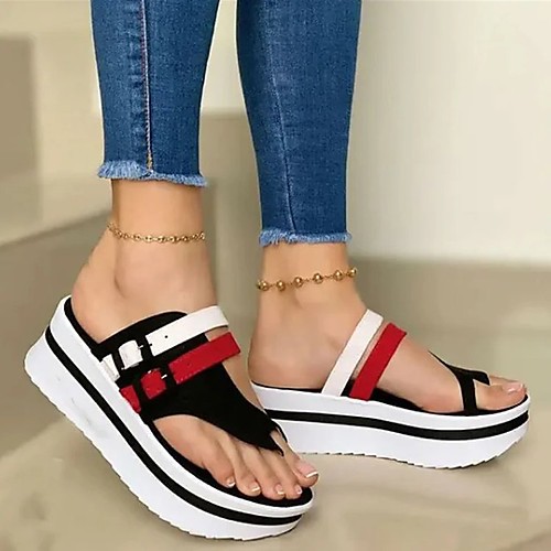 

Women's Sandals Wedge Heel Round Toe PU Solid Colored Black Red Dark Blue