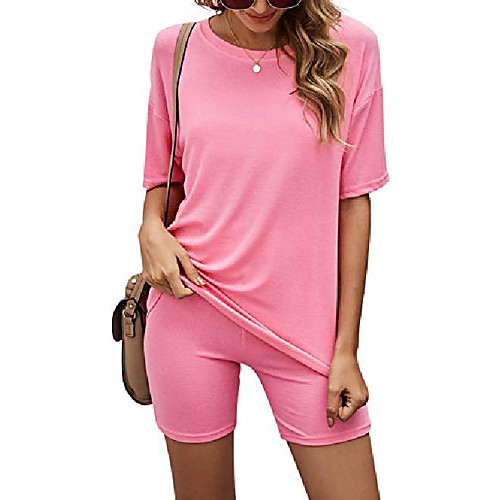 

women 2 piece outfit sets casual oversized t-shirt tops biker shorts workout sports tracksuit pink
