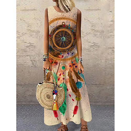 

Women's Shift Dress Maxi long Dress Yellow Sleeveless Print Color Block Print Spring Summer Round Neck Casual 2021 S M L XL XXL 3XL