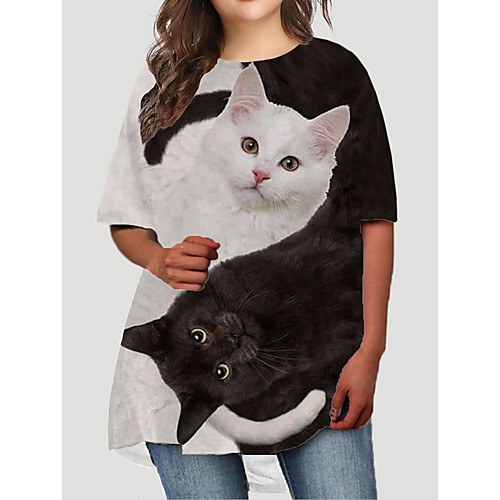 

Women's Plus Size Dresses T Shirt Dress Tee Dress Short Mini Dress Half Sleeve Cat Graphic Animal Print Basic Fall Black XL XXL 3XL 4XL 5XL / Holiday